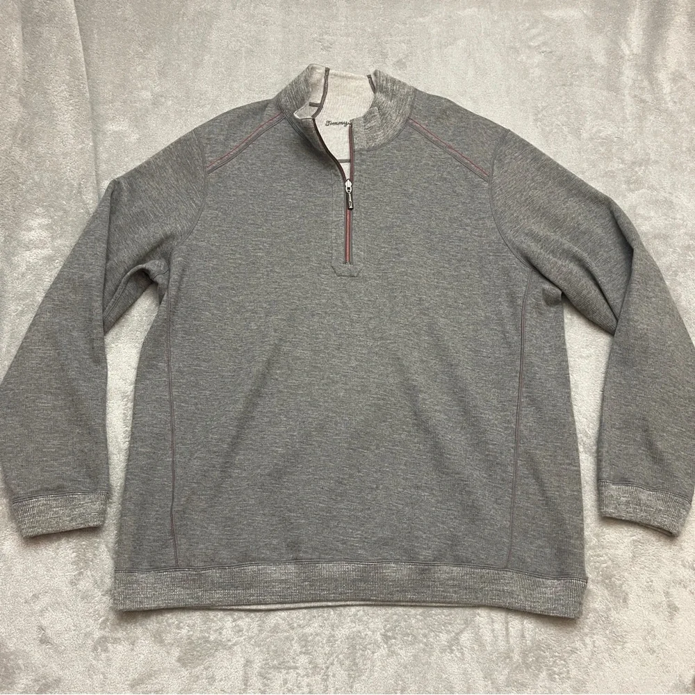 Tommy Bahama 1/4 Zip Pullover Gray Heather Mens Sweater Size XXL Reversible