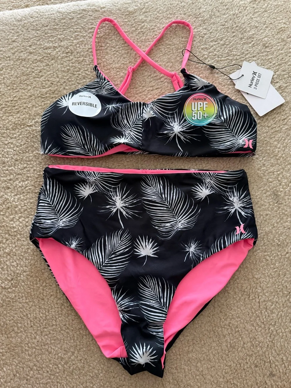 NWT Girls Hurley Reversible Palm Print Bikini Set - Black & Hot Pink