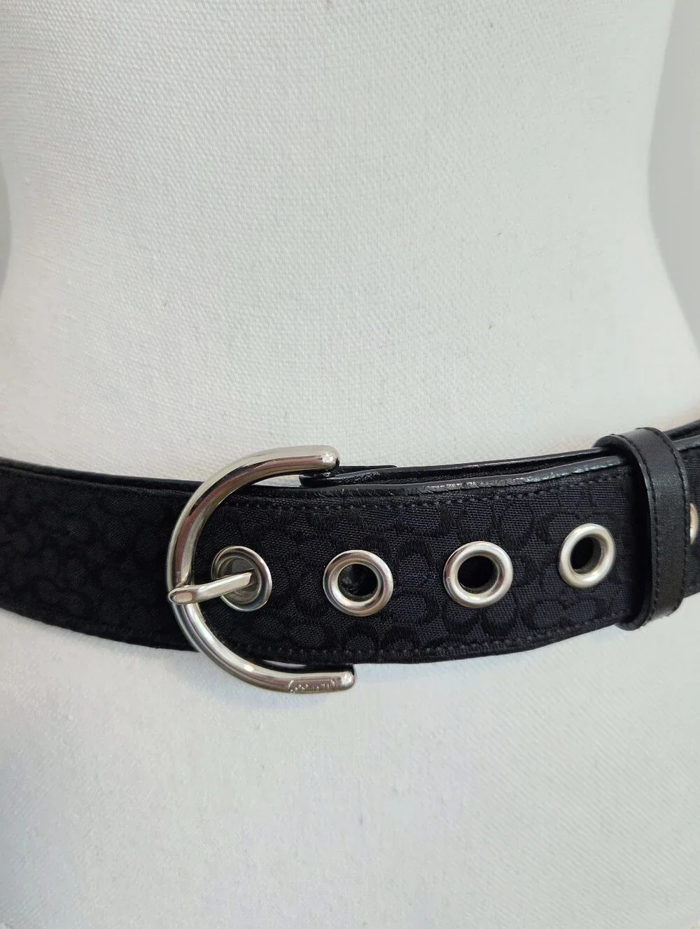 Coach Black Signature Soho Jacquard Canvas Grommet Belt Silver Buckle - Medium