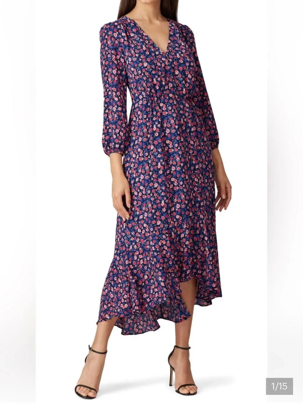 J. Crew Navy Pink Floral High-Low Midi Faux Wrap Dress