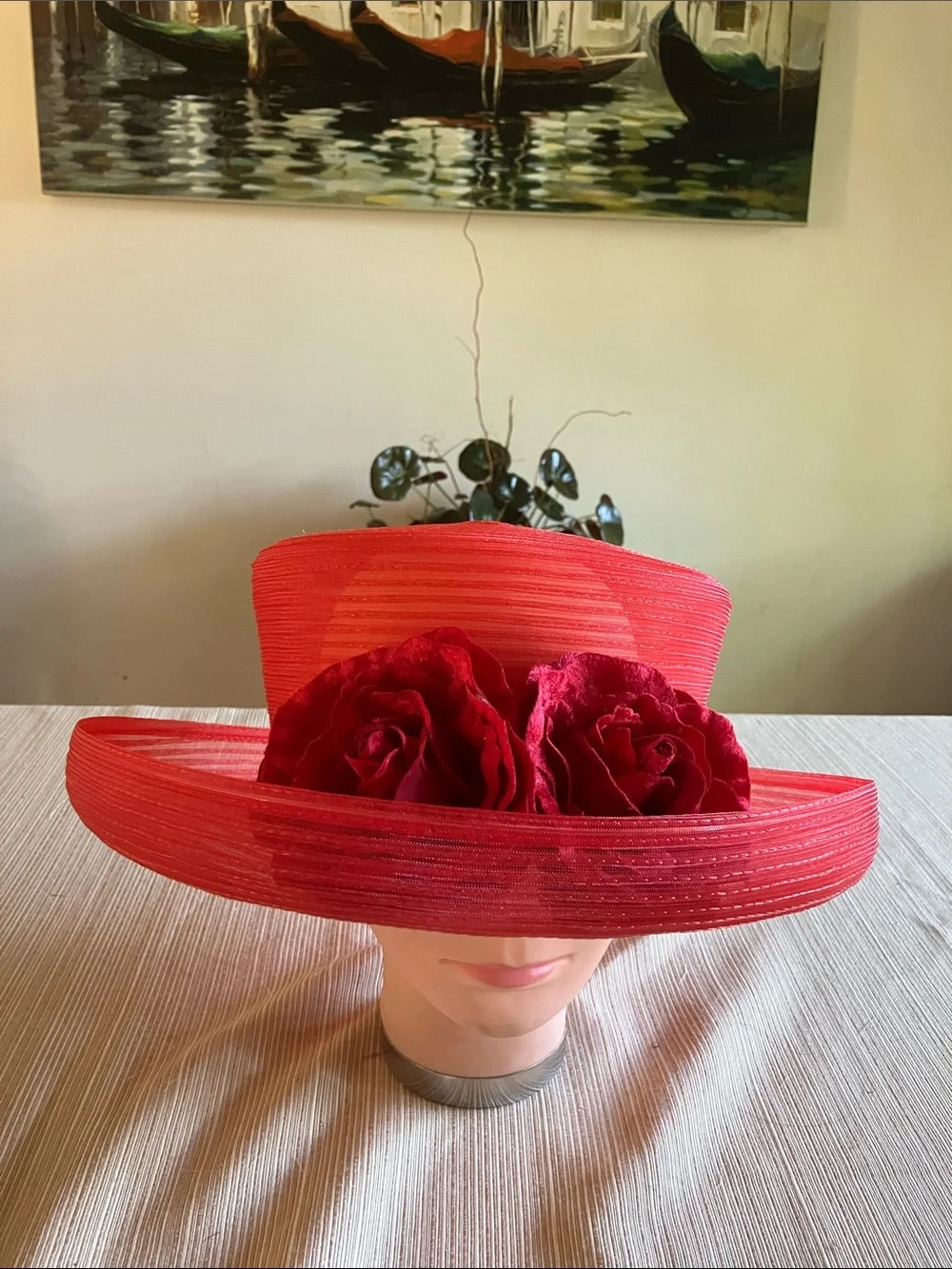 Elegant Red Wide-Brim Floral Hat