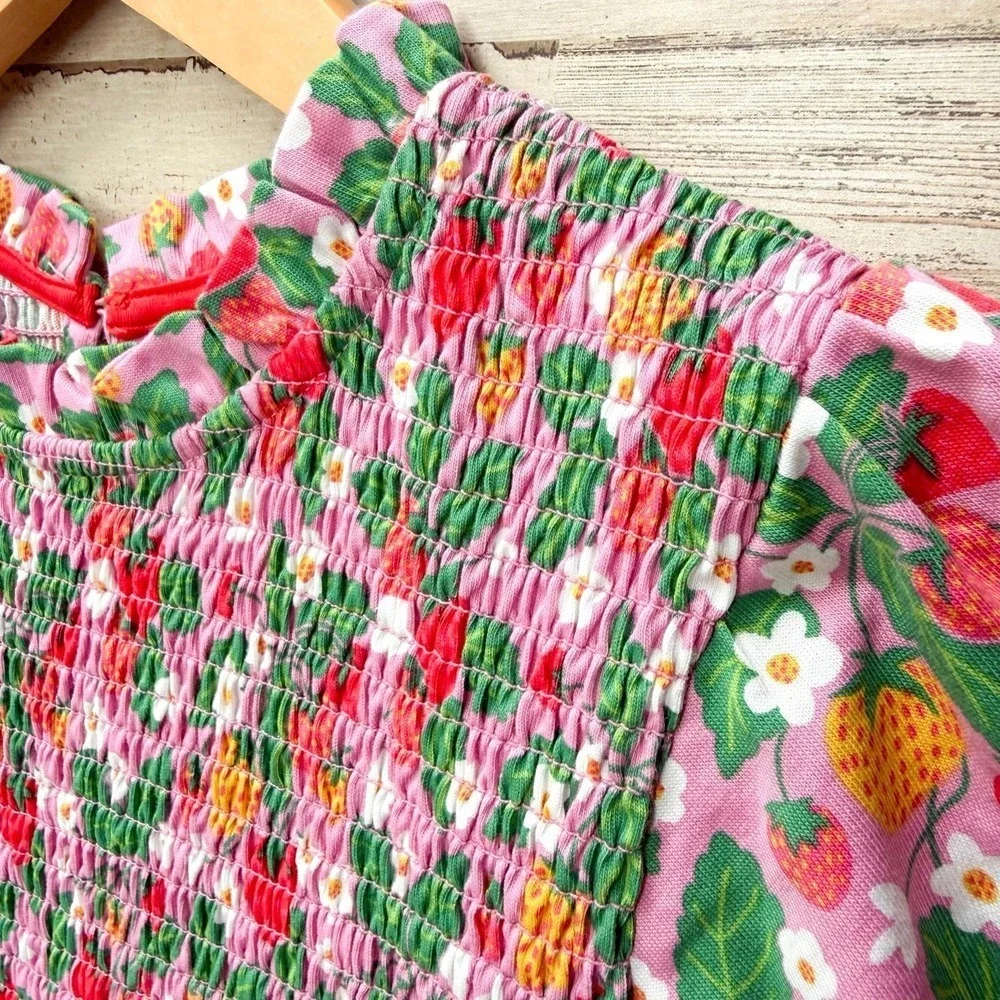 Mini Boden Aurora Strawberry Floral Smocked Dress Puff Sleeve Pink Girls 11-12 Y