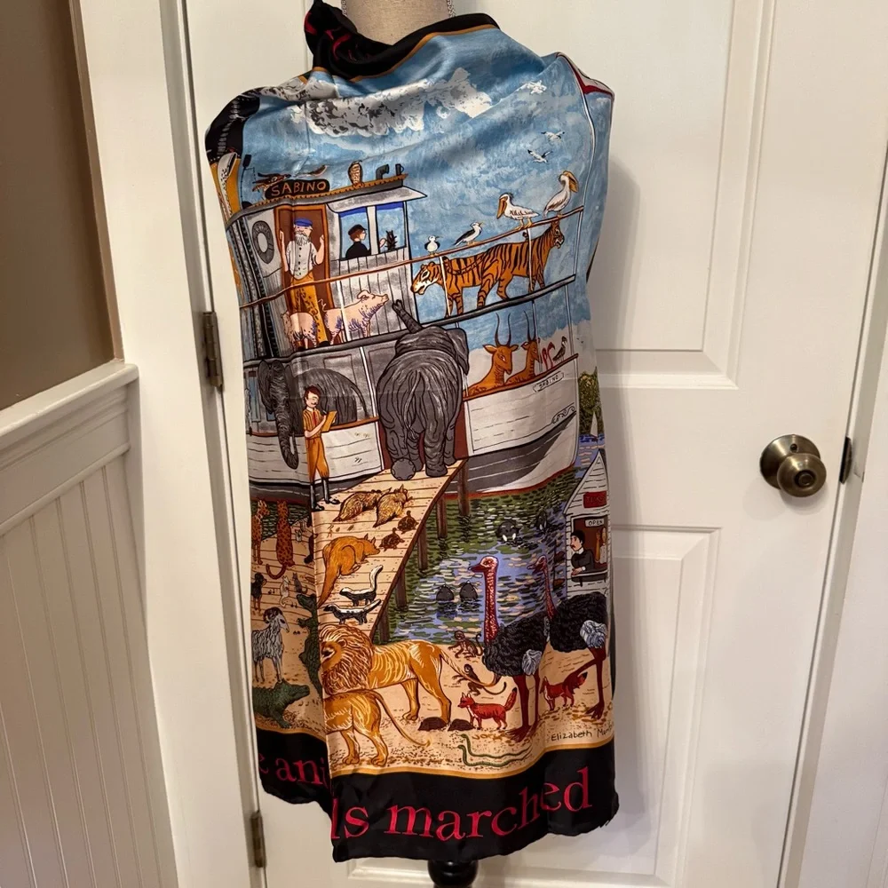 MYSTIC SEAPORT ELIZABETH MUMFORD SCARF SILK NOAHS ARK SHIP ANIMALS BLACK BLUE