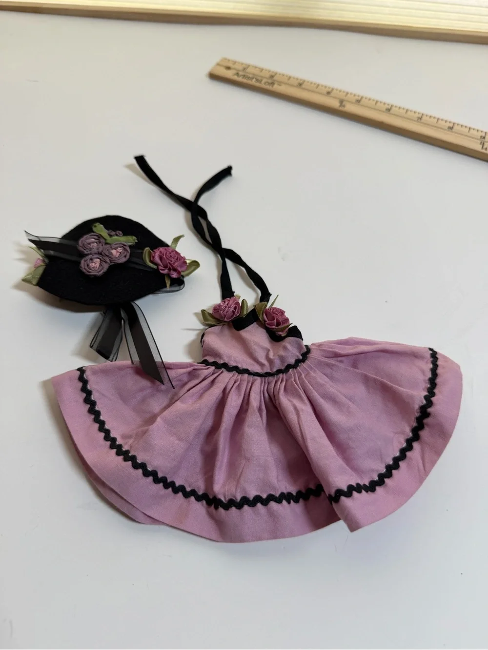 Pink Doll Dress with Black Ric Rac Trim and Matching Black Hat. Handmade.