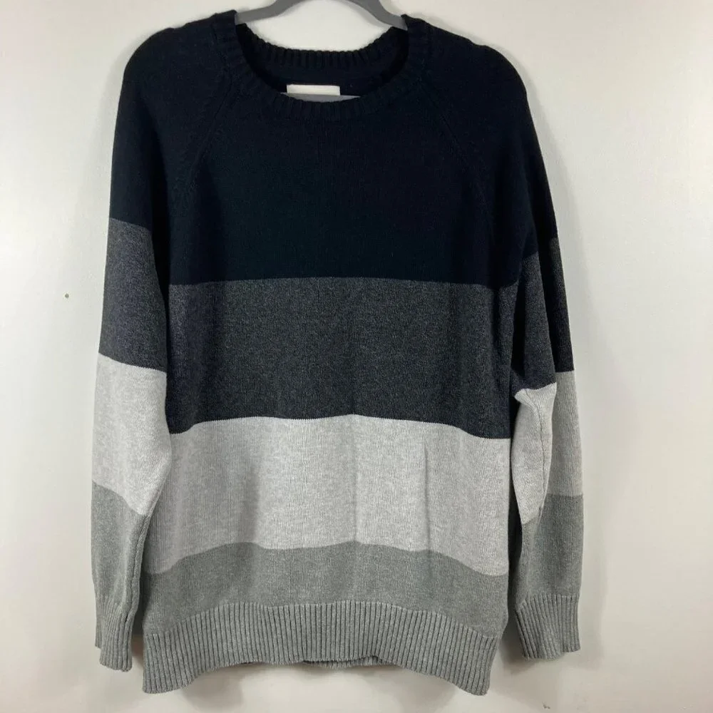 Mens American Eagle Color Block‎ Cotton Crew Pullover Sweater Black Gray XL