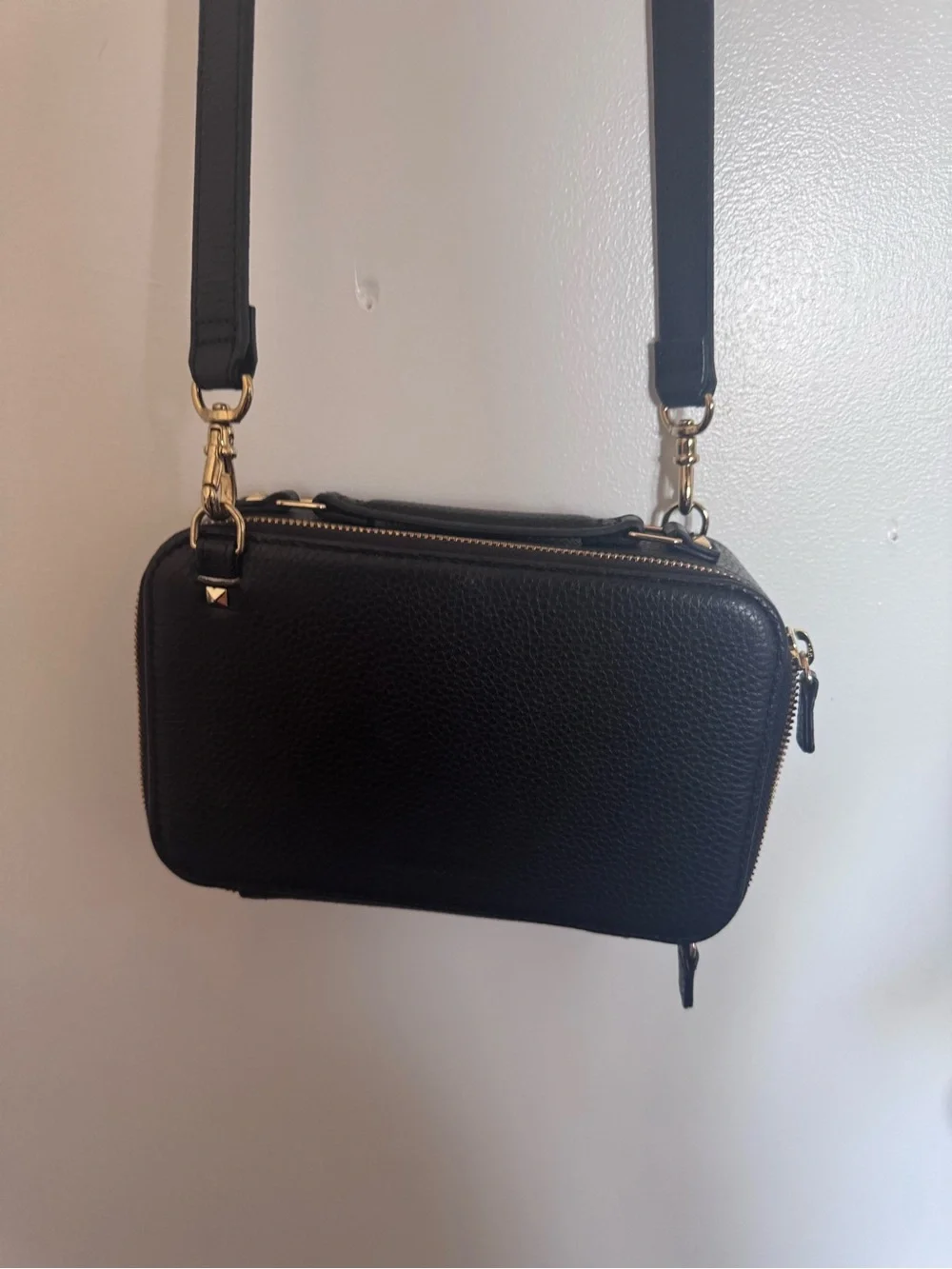 Classic Black Pebbled Crossbody Bag with Gold Accents