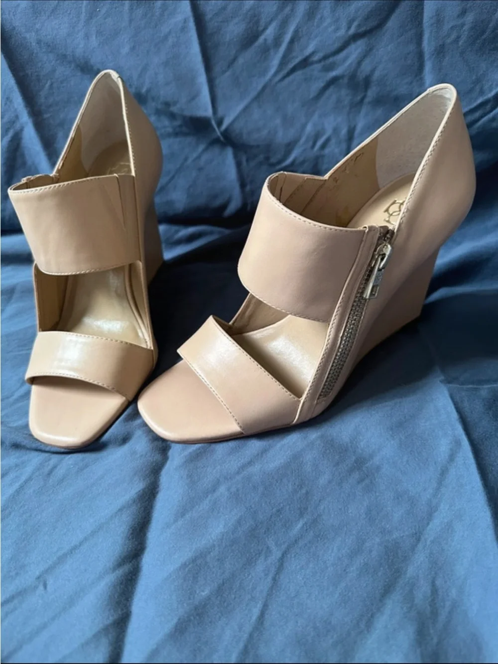 Ann Taylor Nude Beige Peep-Toe Wedge Sandals with Side Zip