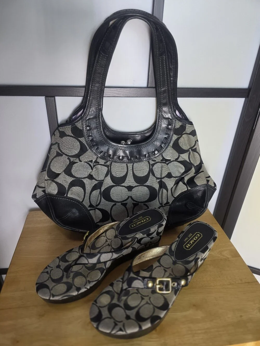 Coach Black & Gray Signature Canvas Shoulder Bag with Matching Sandals Size 11