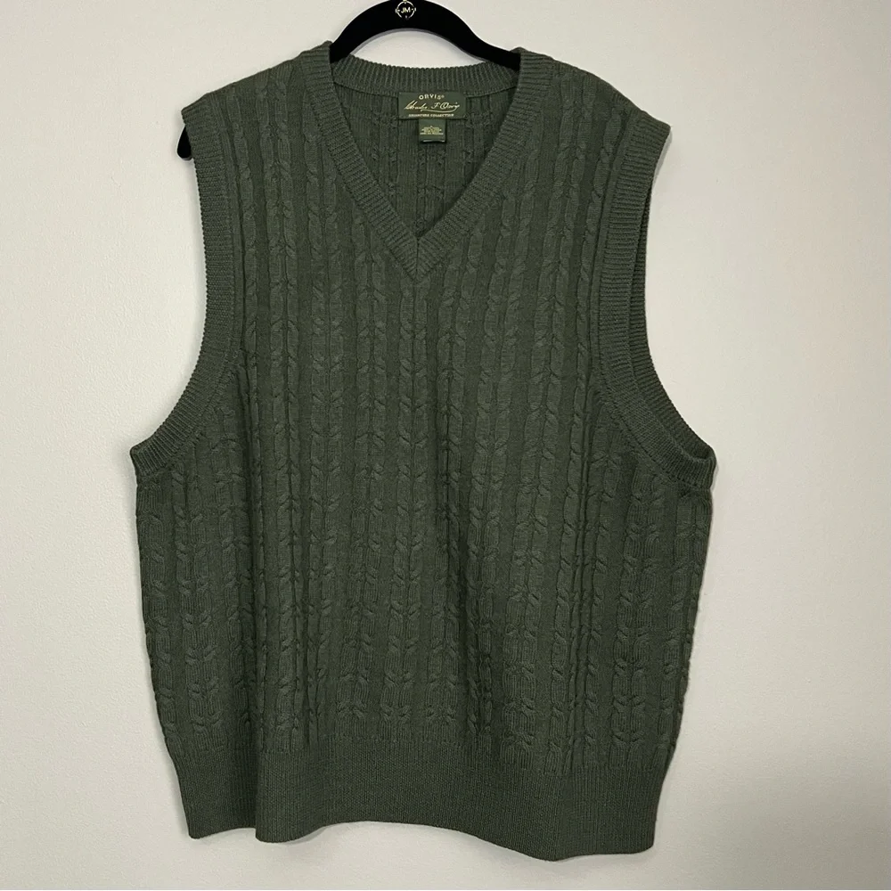 V-neck Cable Knit Green Wool Sweater Vest L Classic Heritage Preppy Academic