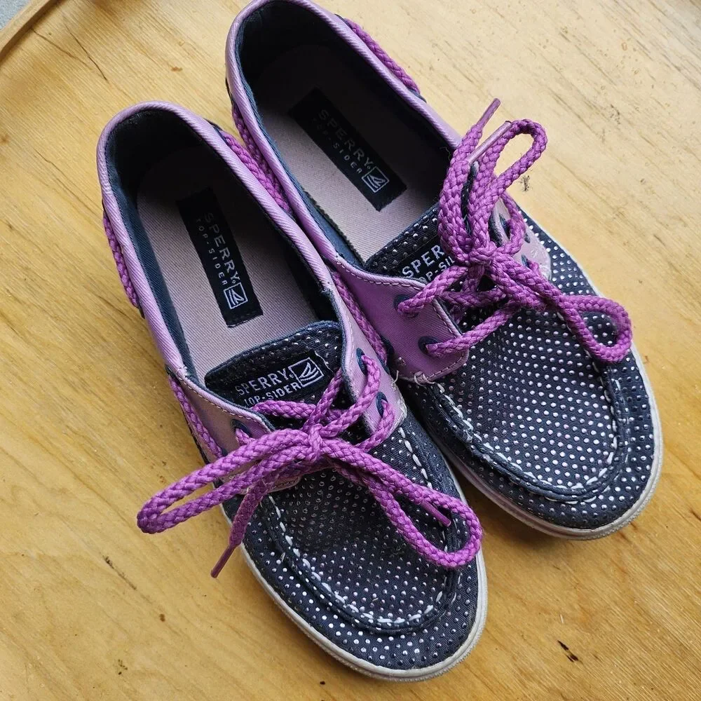 Sperry Girls Top-Sider Bahama Navy/Purple Dot Us 2.0M boat Shoes preppy slip-on