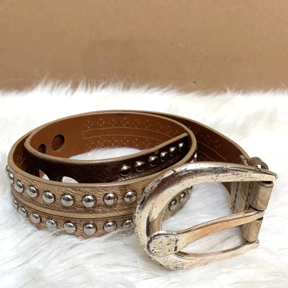 MICHAEL KORS Gold Leather Vintage Studded Belt Silver Buckle Sz SMALL