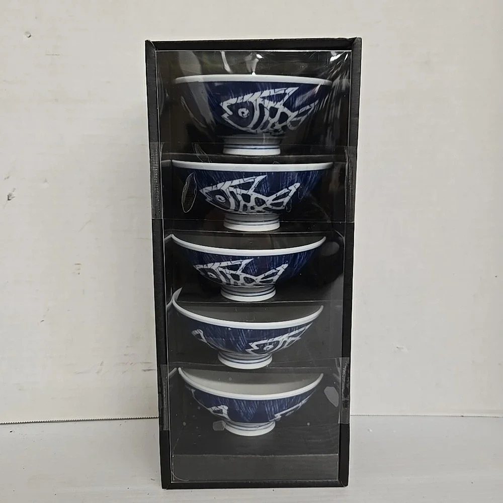 Japanese Rice‎ or Soup Bowl Set of 5 Porcelain Blue Dami Sakana Fish Pattern