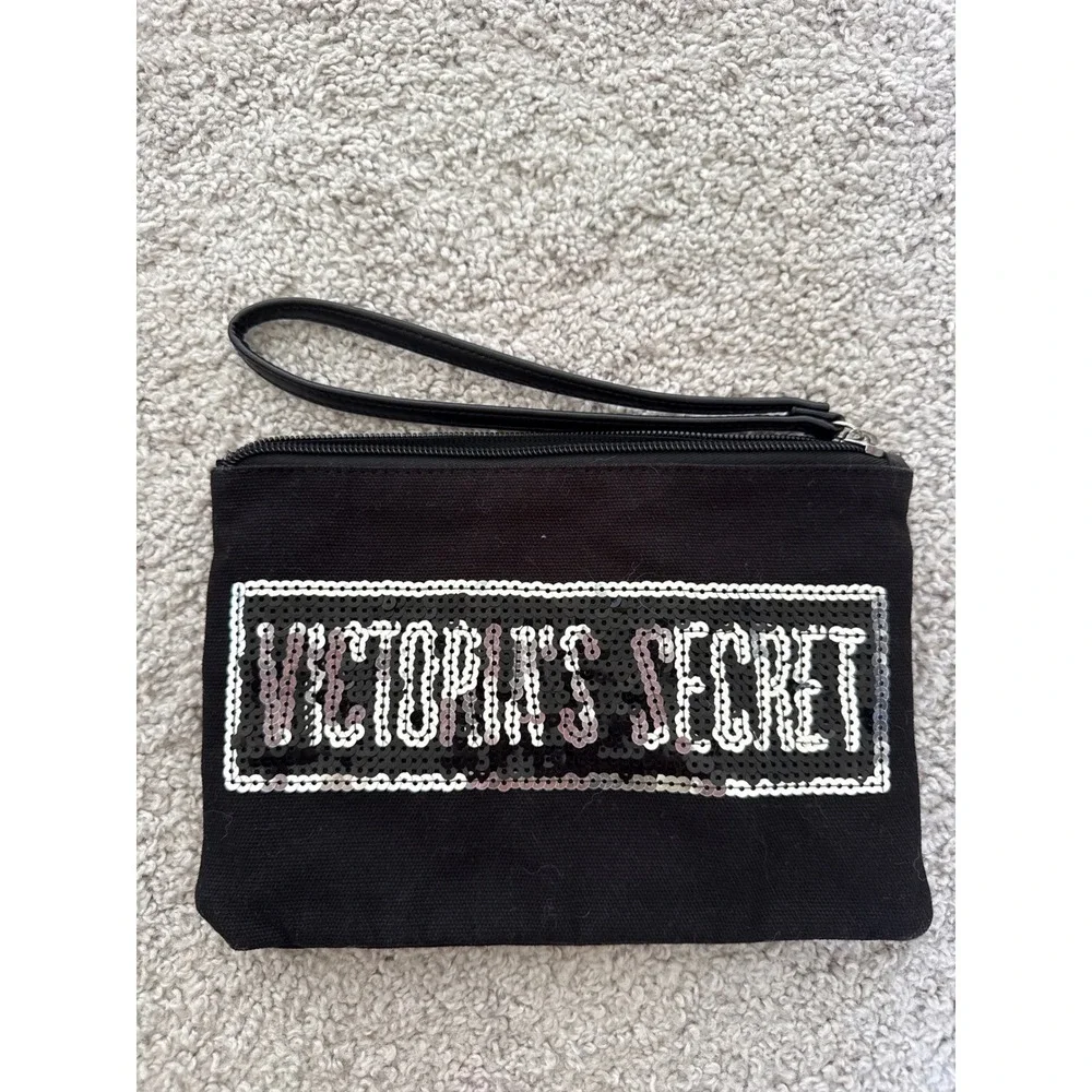 Victorias Secret Black Canvas Sequin Logo Wristlet Pouch Zipper Clutch Bag