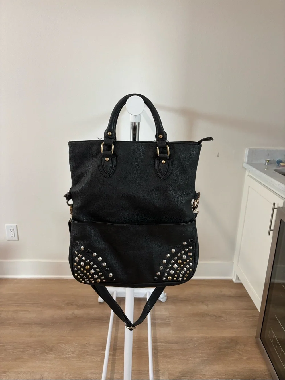 Aldo Black Studded Backpack Tote with Gold Accents