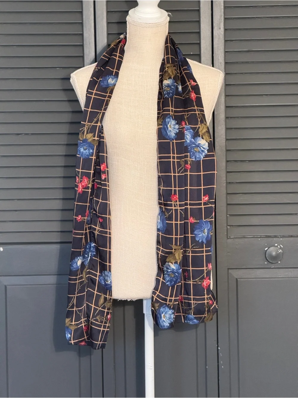 Laura Ashley Vintage Sheer Floral Plaid Scarf Navy Blue  12” x 64”