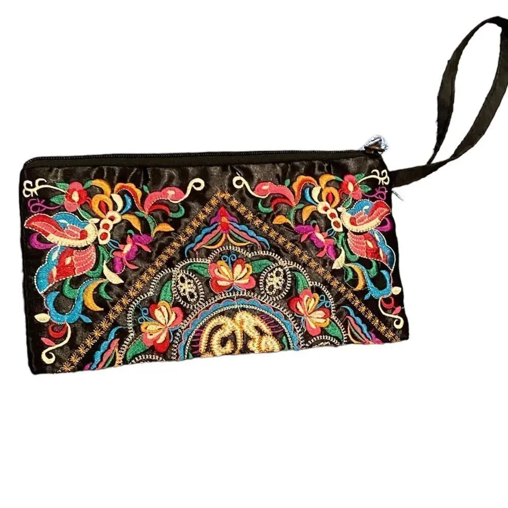 Embroidered Clutch Bag Wristlet Floral Boho Butterfly Pattern Hippie Bohemian