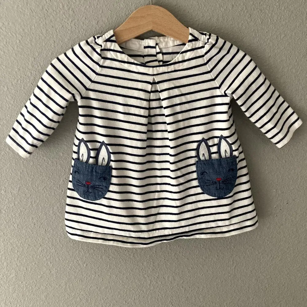 Baby Gap Striped Bunny Pocket Dress - Ivory Frost Blue - 3-6M