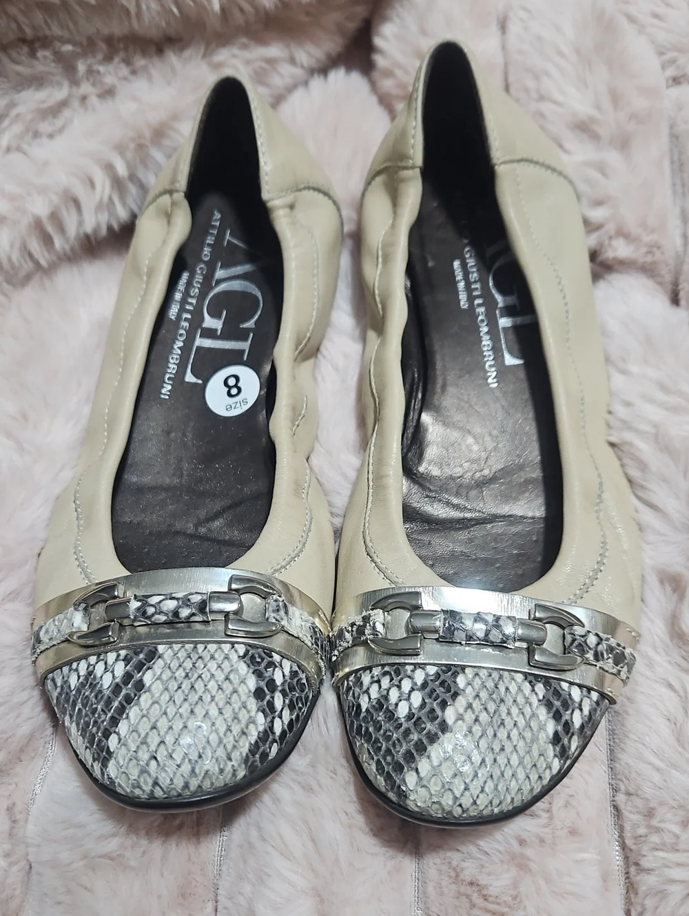 AGL Cream Leather Ballet Flats with Snake-Print Toe and Silver Buckle
