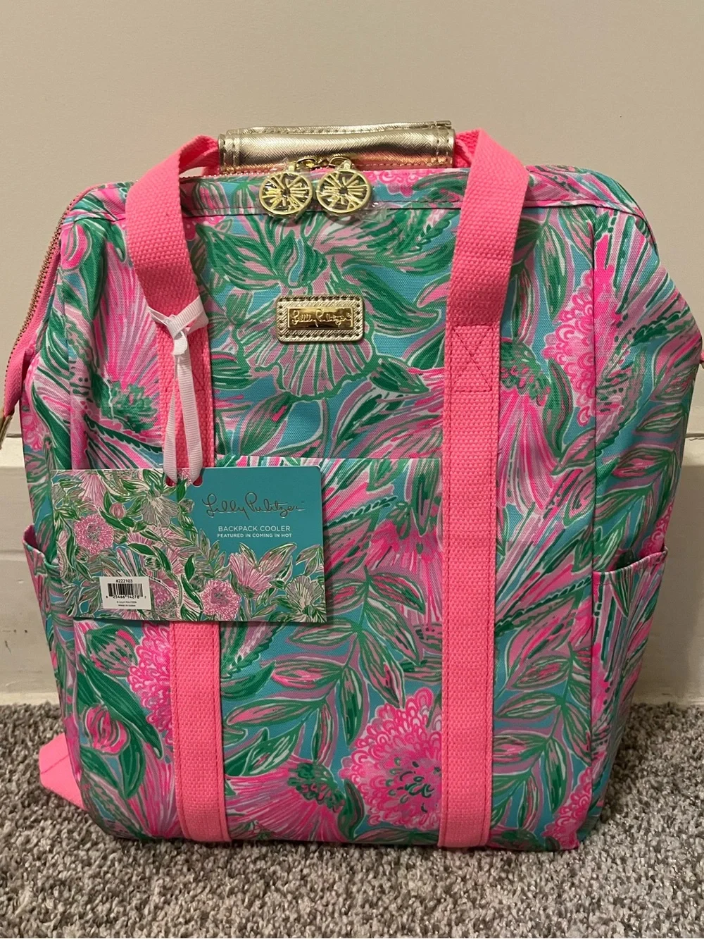 Lilly Pulitzer Pink & Green Tropical Floral Print Backpack Cooler