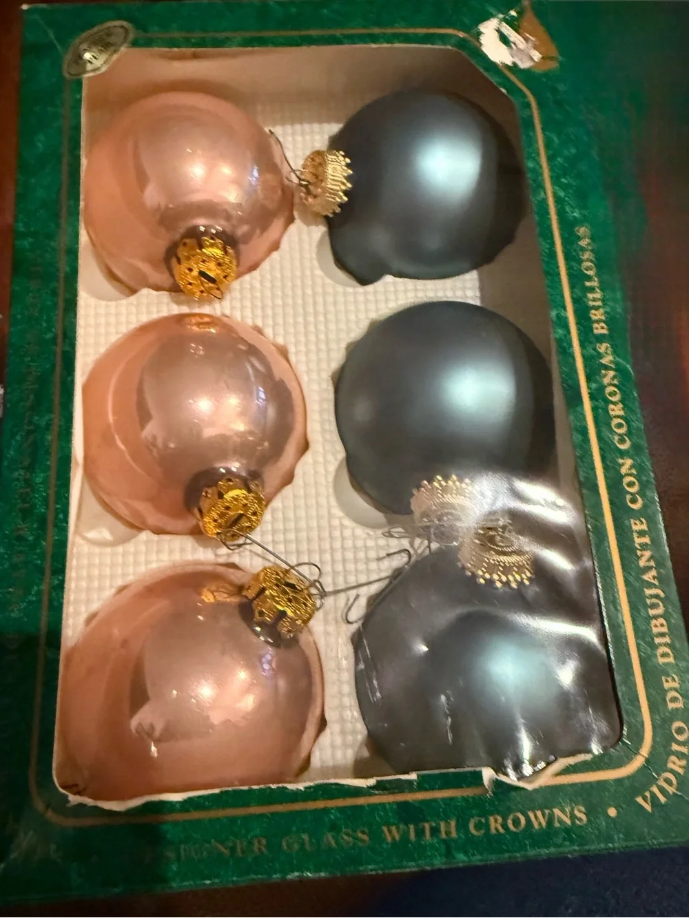 Christmas By Krebs Set Of 6 Designer Glass Kristen Blue & pearl Ornaments