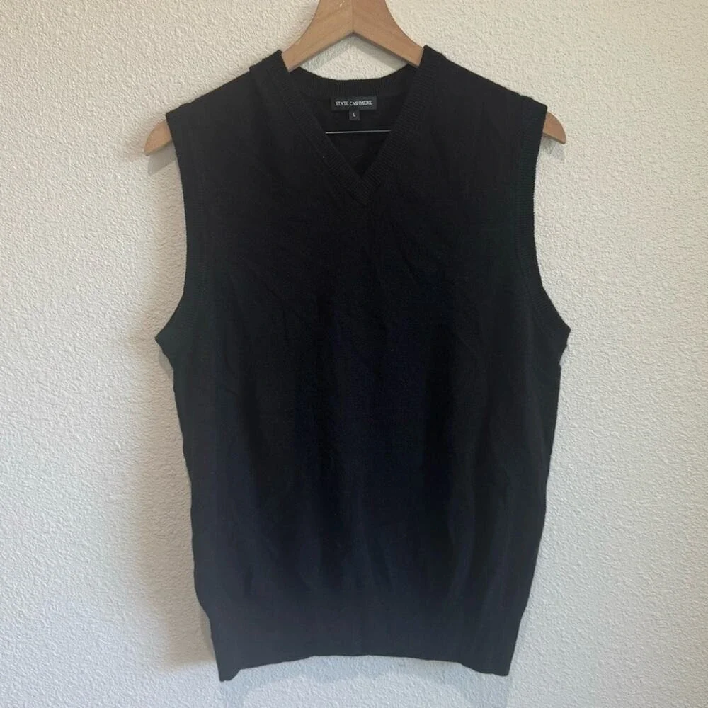 State Cashmere Mens L Black 100%‎ Cashmere V-Neck Sweater Vest Quiet Luxury