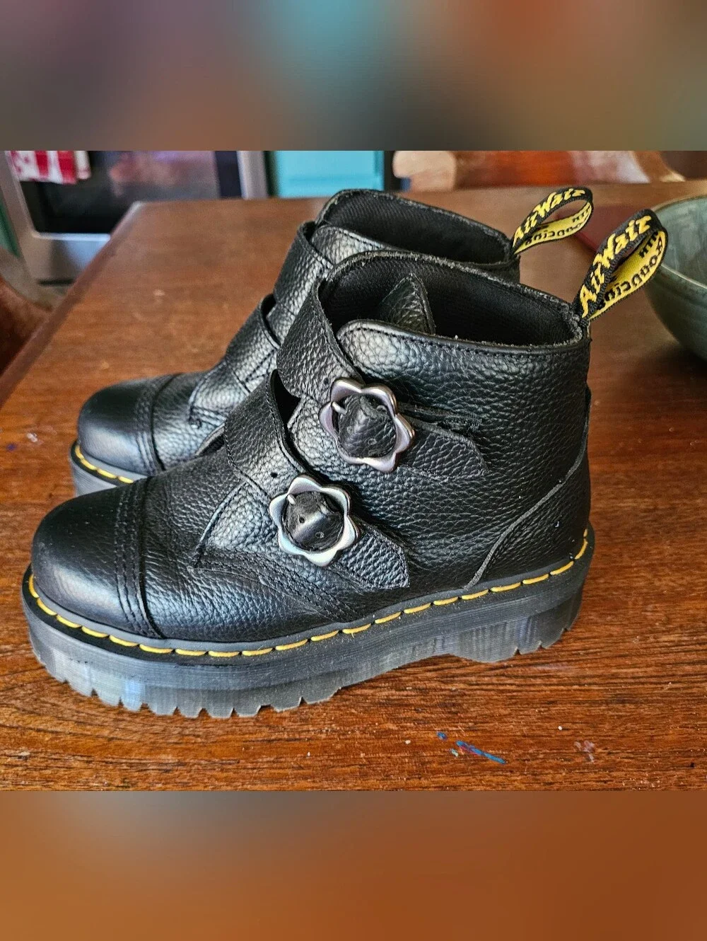 Dr. Martens Black Leather Daisy Flower-Buckle Ankle Boots 8