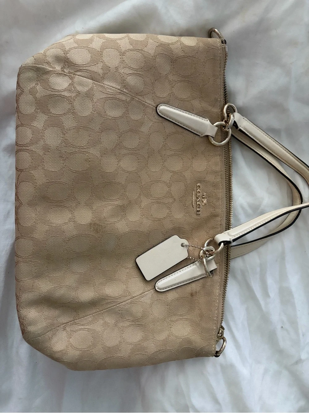 Coach Beige Signature Jacquard Tote with White Leather Trim