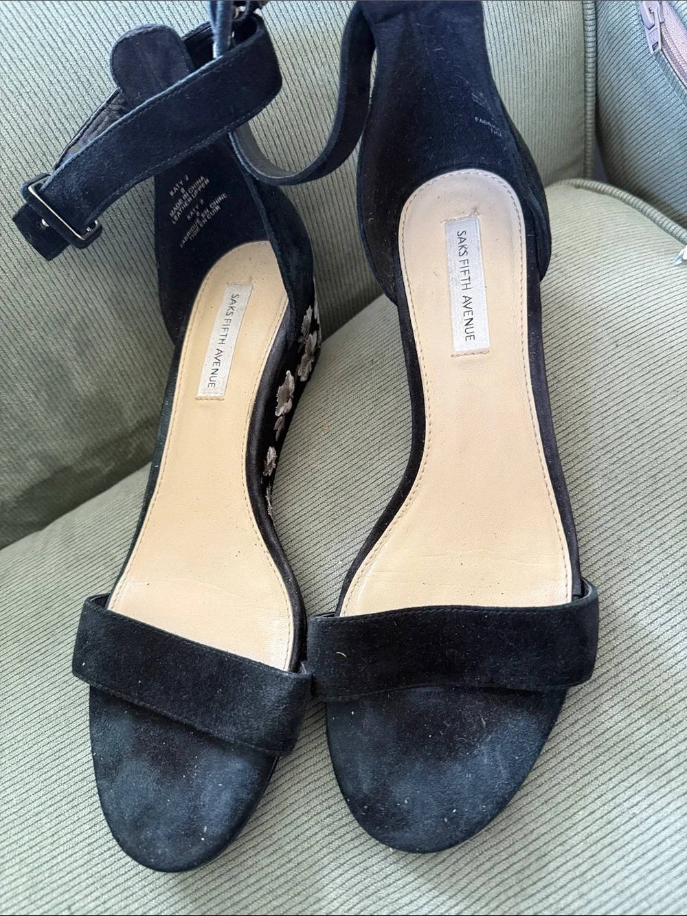 Saks Fifth Avenue Black Suede Floral Embroidered D'Orsay Flats - Women