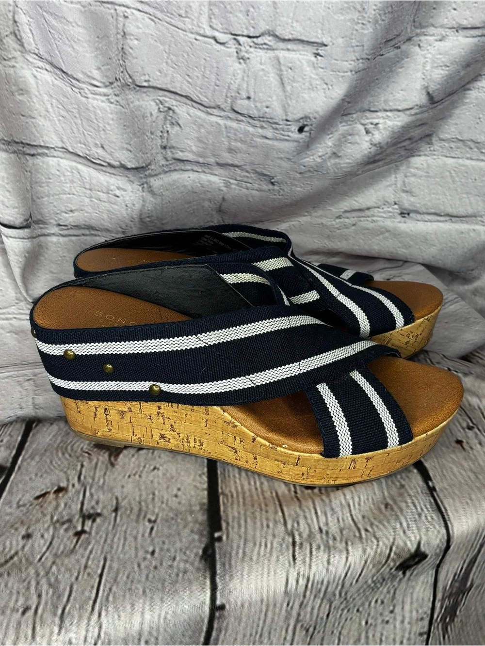 Coastal Grandma Yacht Club Glam Retro Preppy Nautical Cork Wedge Sandals Sz 8.5