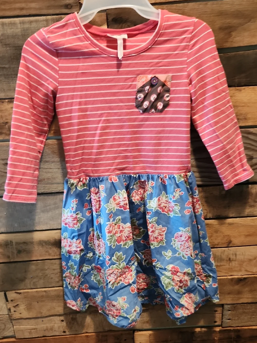 Matilda Jane Girls Pink Striped Top with Blue Floral Skirt Dress