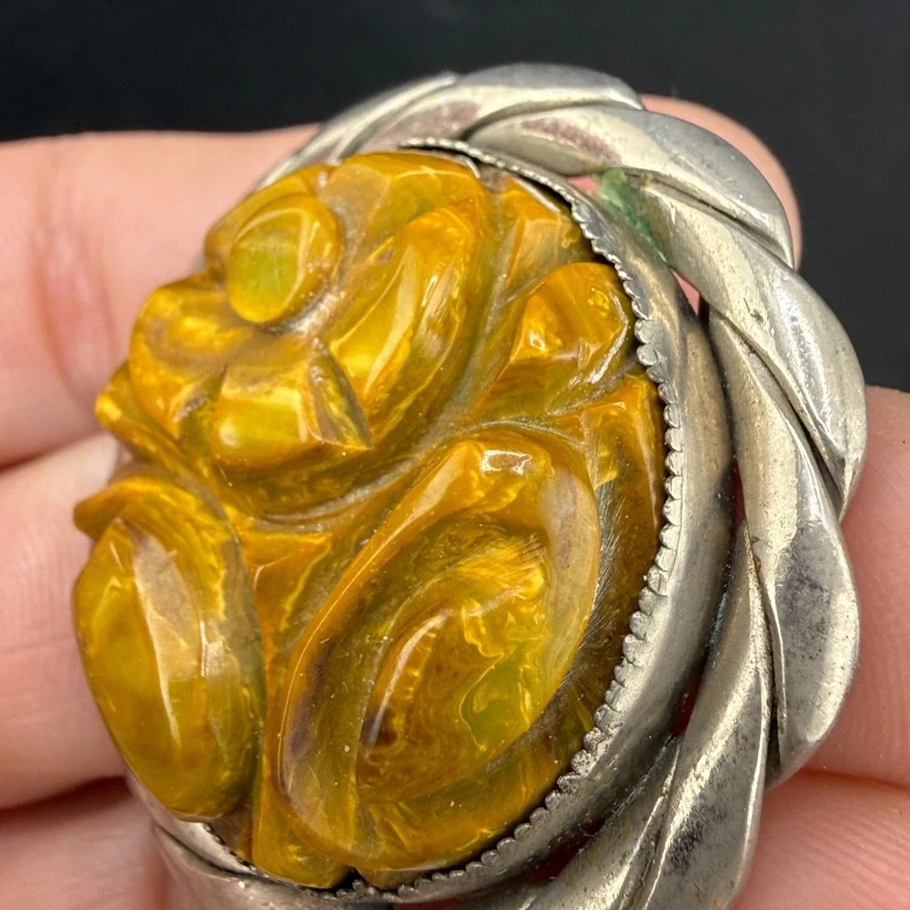 Vintage Bakelite Brooch Carved Green Silver Tone Flower