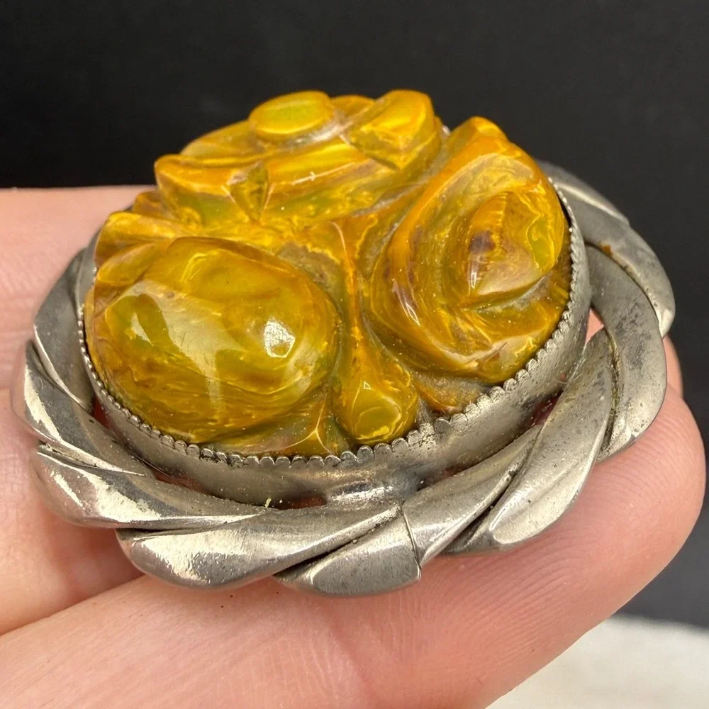 Vintage Bakelite Brooch Carved Green Silver Tone Flower