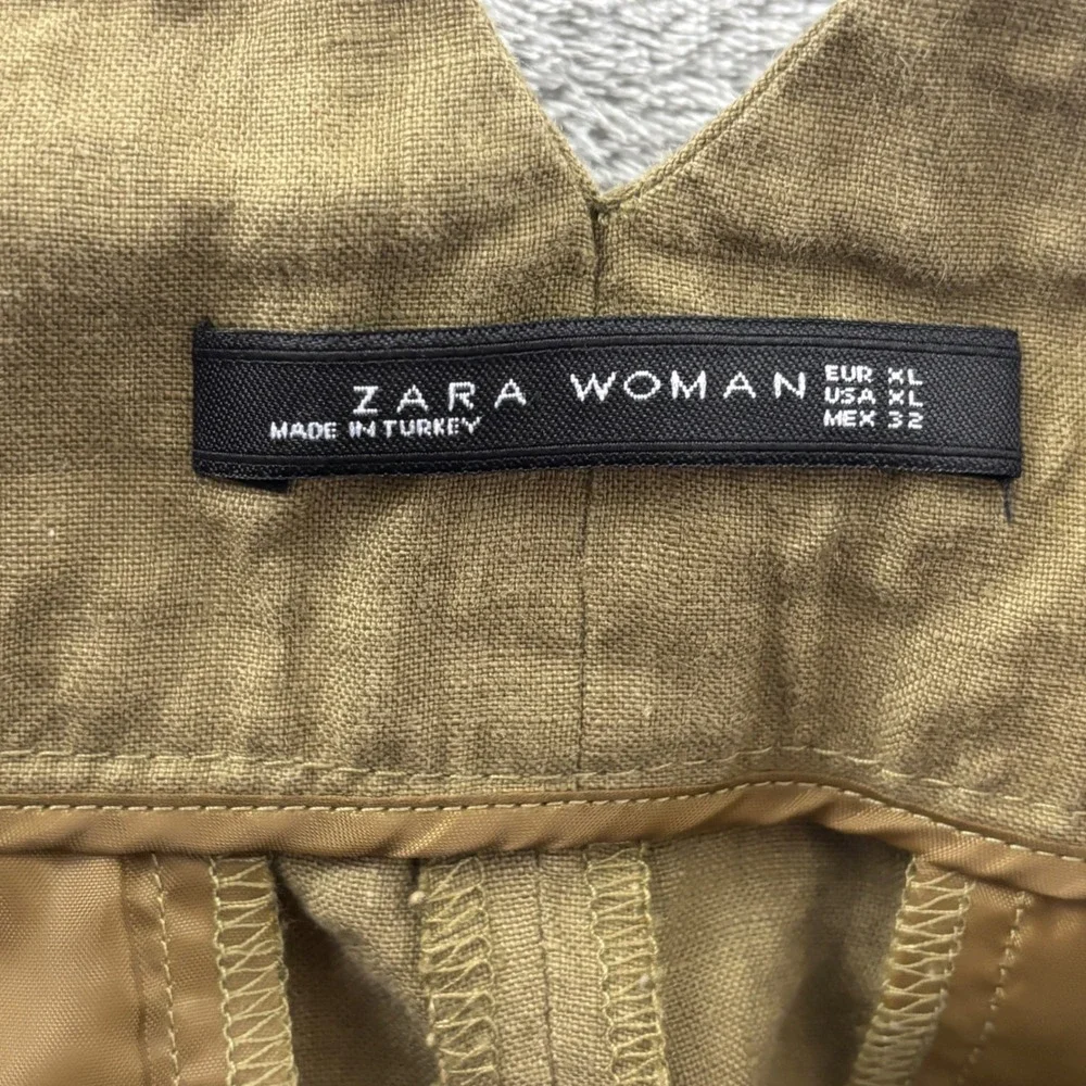 Zara Linen Wide Leg Crop Pant Woman XL Olive Green Paperbag Waist Belted
