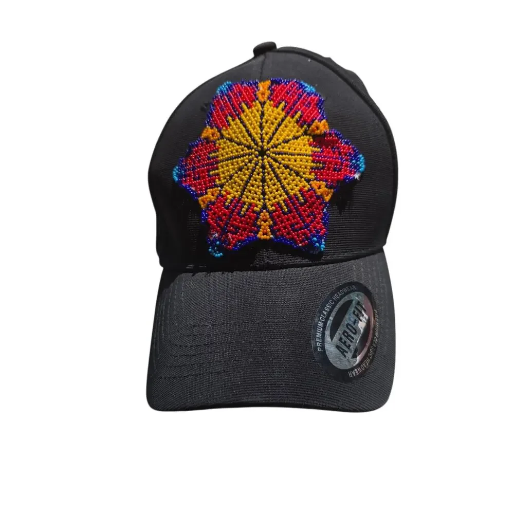 Mexican Huichol Fitted Baseball Cap Hat Handmade Black Beads Stretch Fit M/L