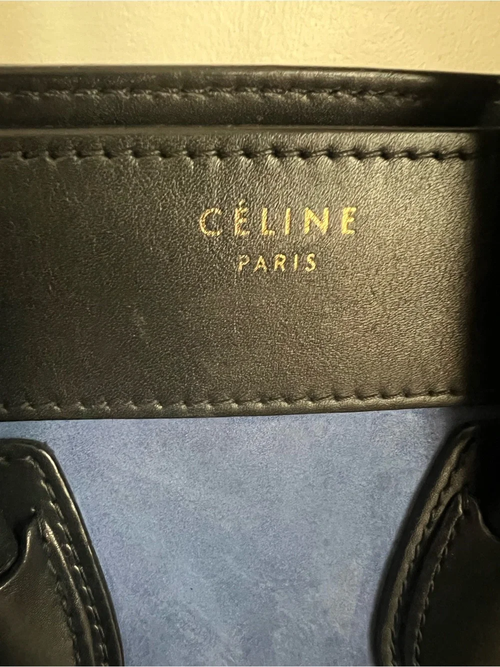 Celine Blue Suede Micro Luggage Satchel with Black and Taupe colorblock