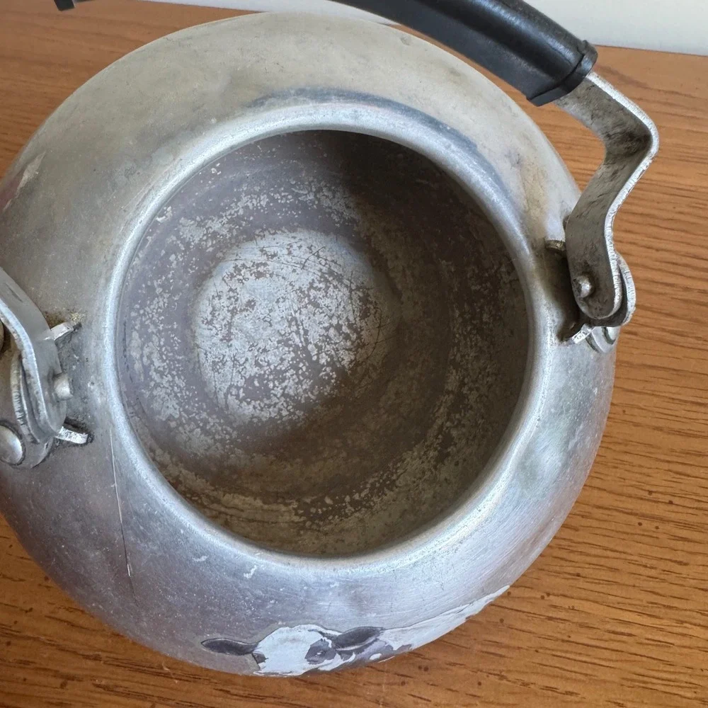 Vintage Aluminum Tea Kettle Cow Graphic Farmhouse‎ Decor Rustic Teapot Small