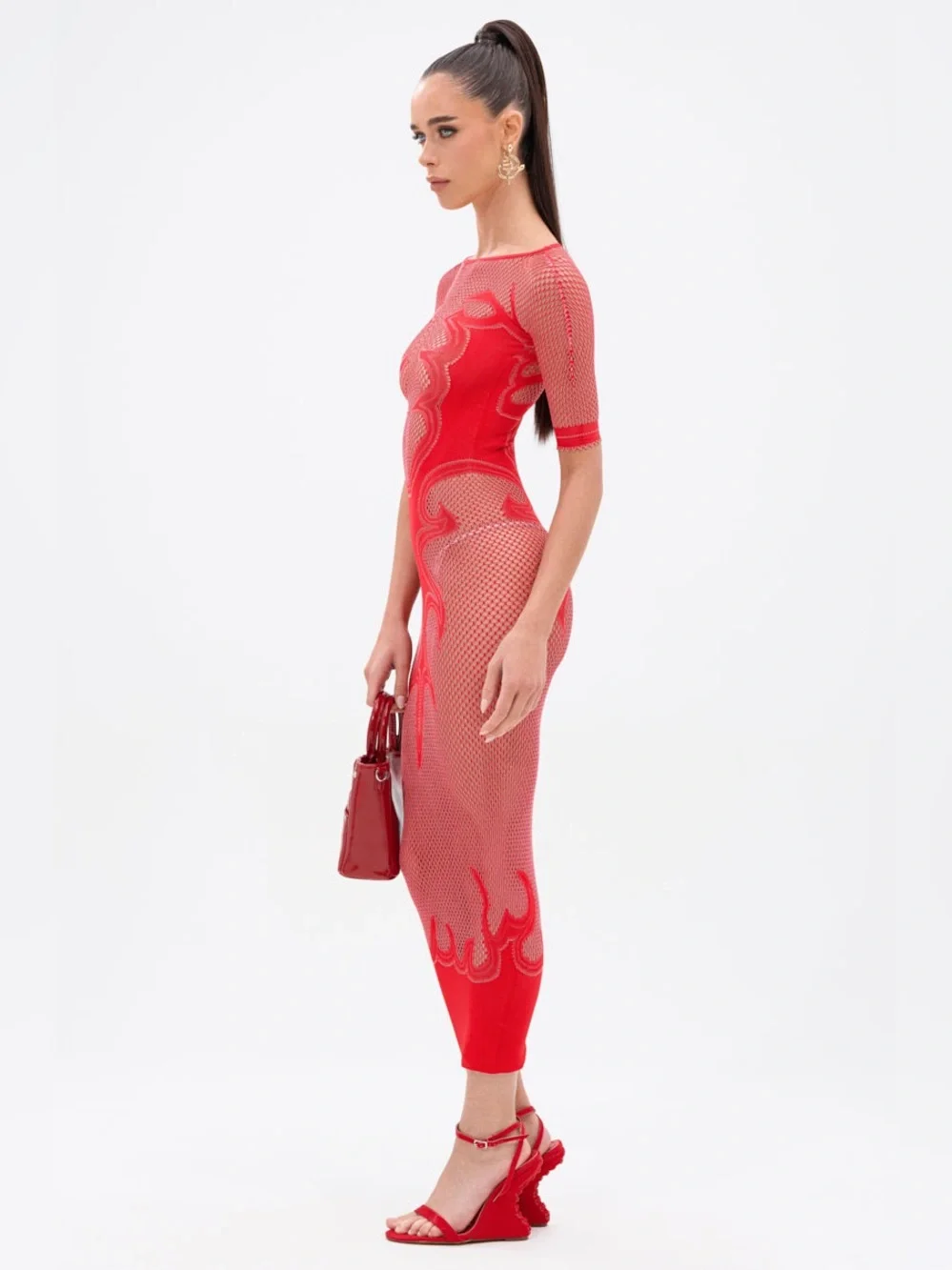 Akira Sexy As Hell Mesh Midi Dress Red Bodycon Cyber Siren Y2K Rave Clubwear S/M