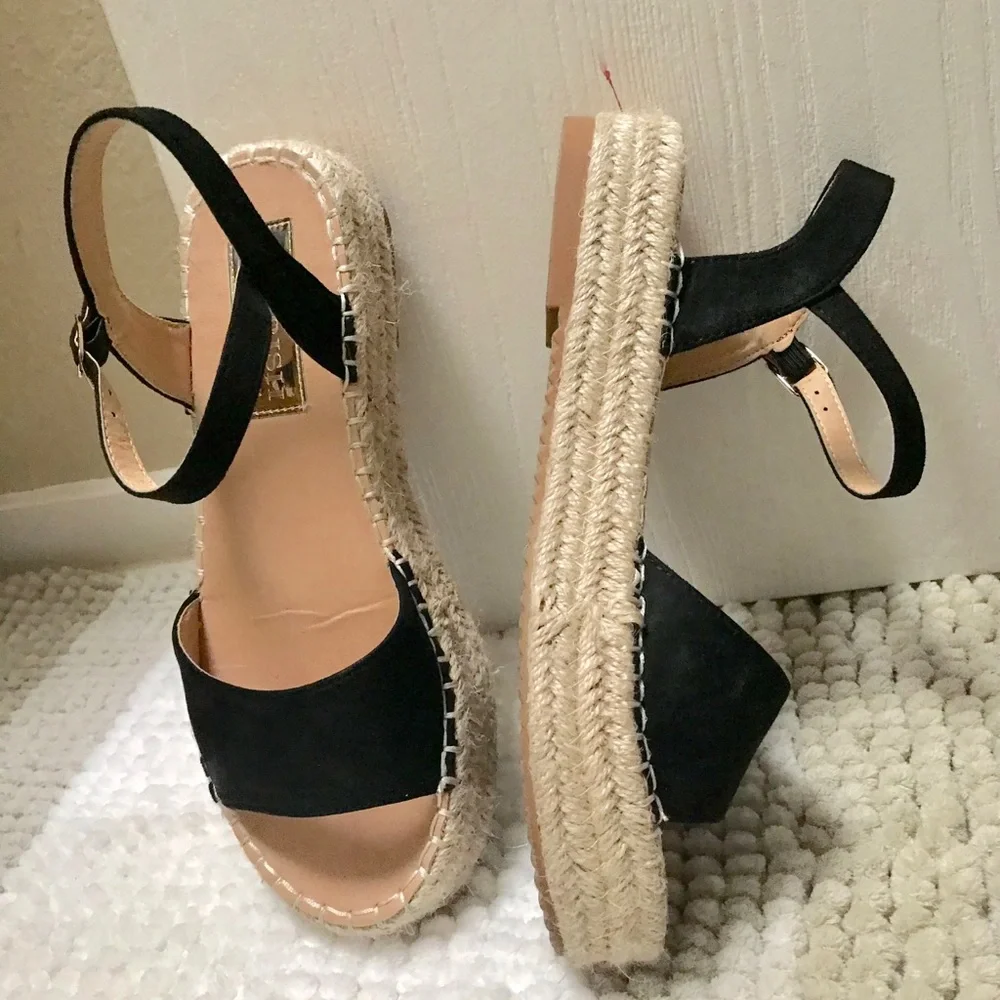 Cherish Espadrilles Heels Women size 9 Black Faux Suede Ankle Strap Open Toe