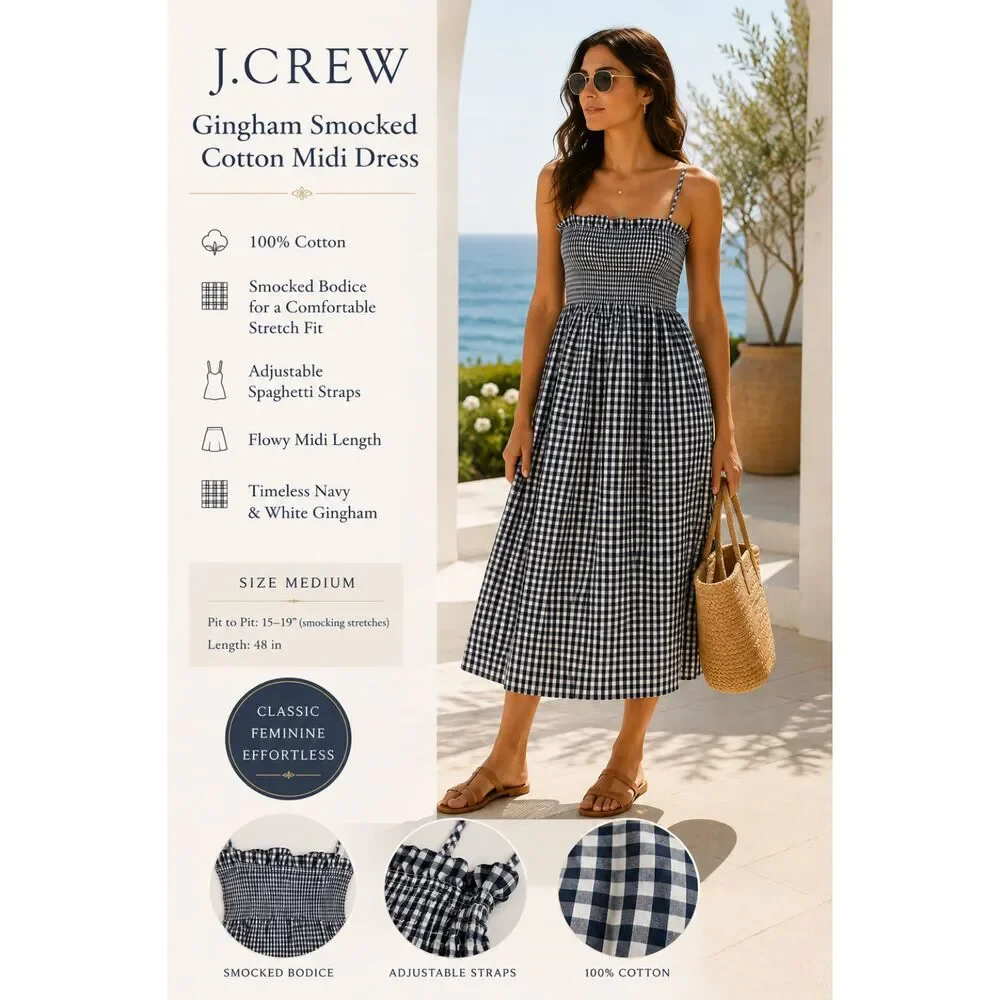 J.Crew Gingham Smocked Cotton Midi Dress M Navy White Cottagecore Summer Picnic