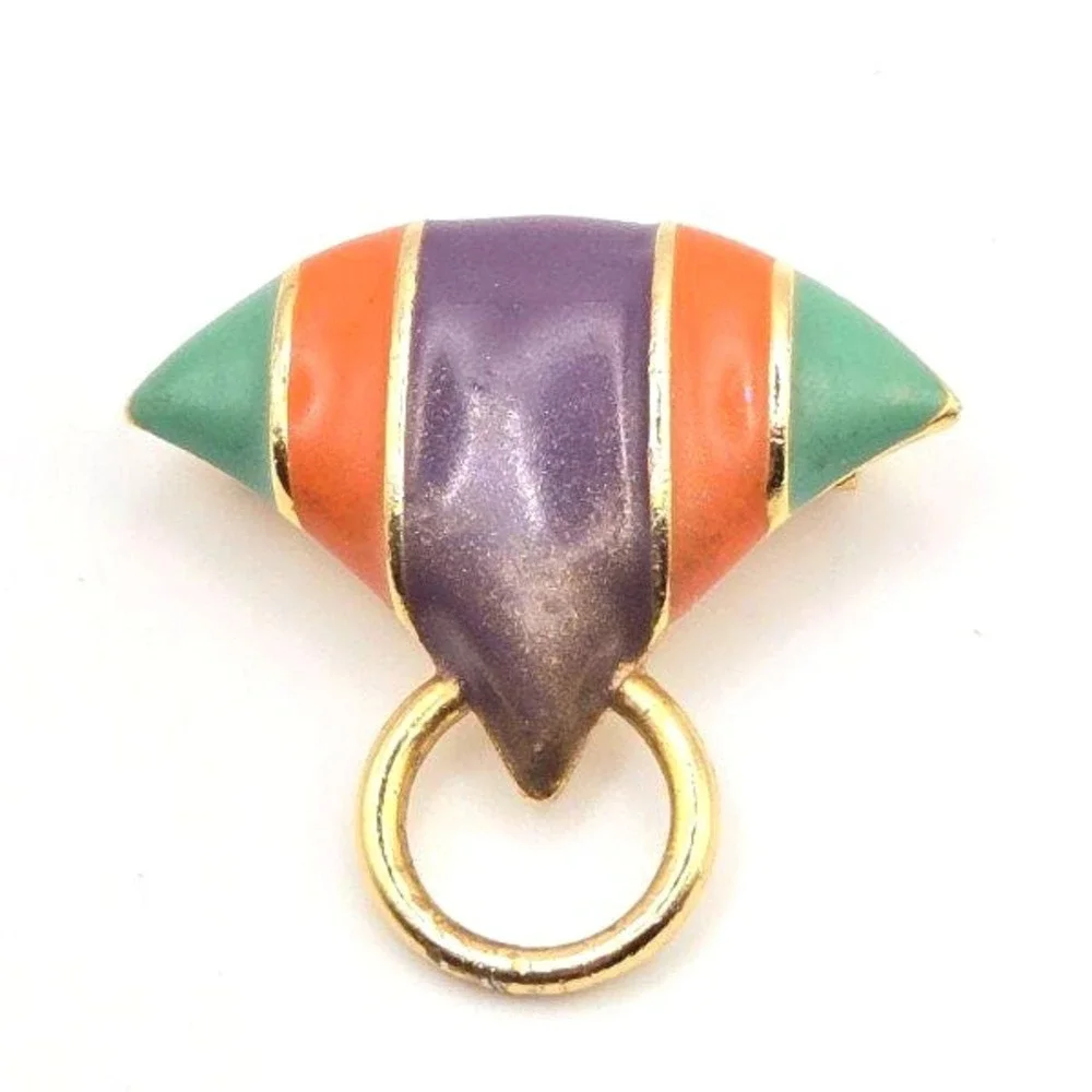 Vintage 1980s M Jent Gold Tone Green Purple Orange Enamel Triangular Brooch‎ Pin