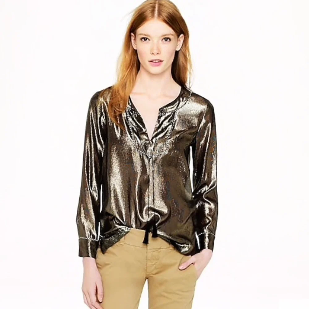 J. CREW Metallic Gold Silk Tunic Tassel Blouse Top 4