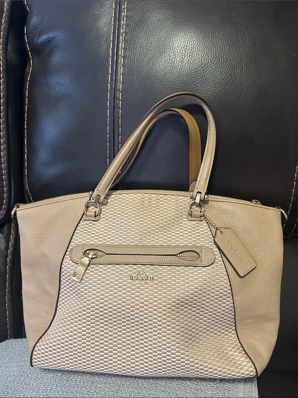 Coach Cream Woven Leather Satchel with Gold Hardware