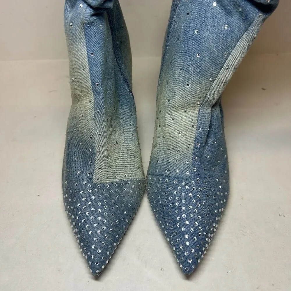 Thalia Sodi Women 6 M Denim Rhinestone Raquell Slouch Pointed Toe Boots NIB QJ3