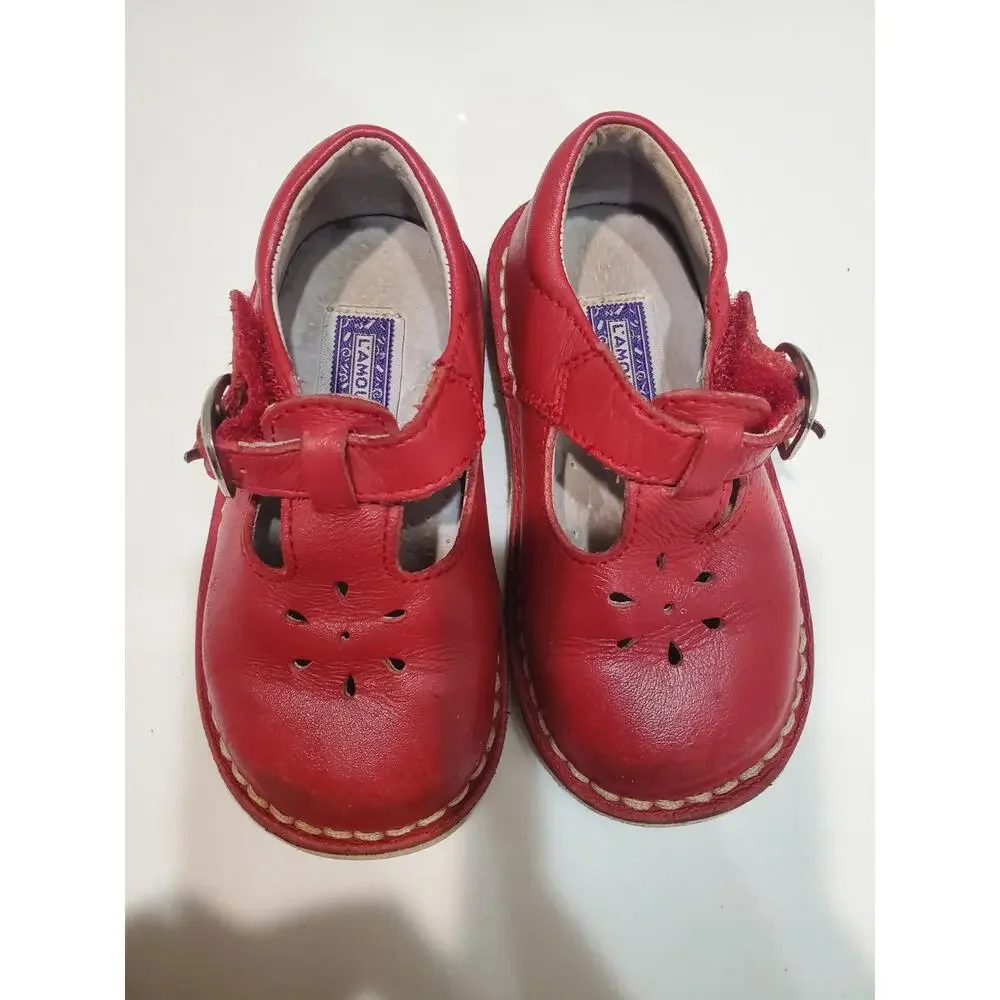L'AMOUR Red Leather Mary Jane Girls Shoes Size 6
