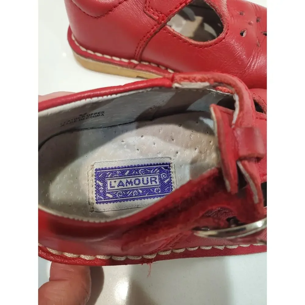 L'AMOUR Red Leather Mary Jane Girls Shoes Size 6