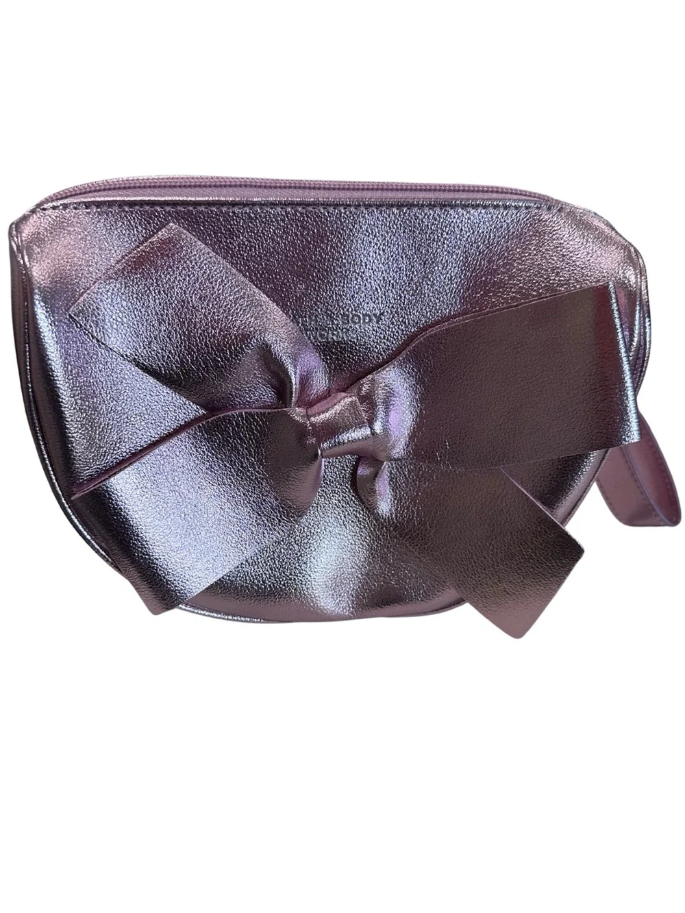Bath & Body Works Metallic Pink Bow Zipper Wristlet Makeup Cosmetic Bag Purse