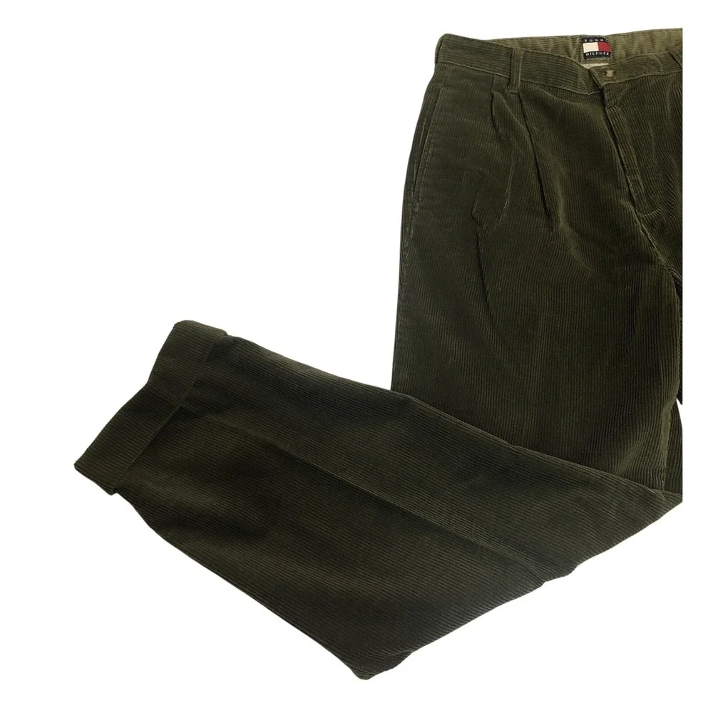 Tommy Hilfiger Mens Olive Green Corduroy Pleated Cuffed Pants 34x35 Vintage