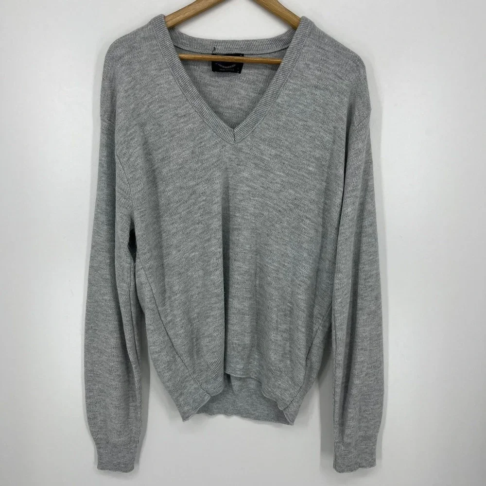 Jantzen Mens V-Neck Sweater Heather Gray Long Sleeve Vintage Made in USA XL