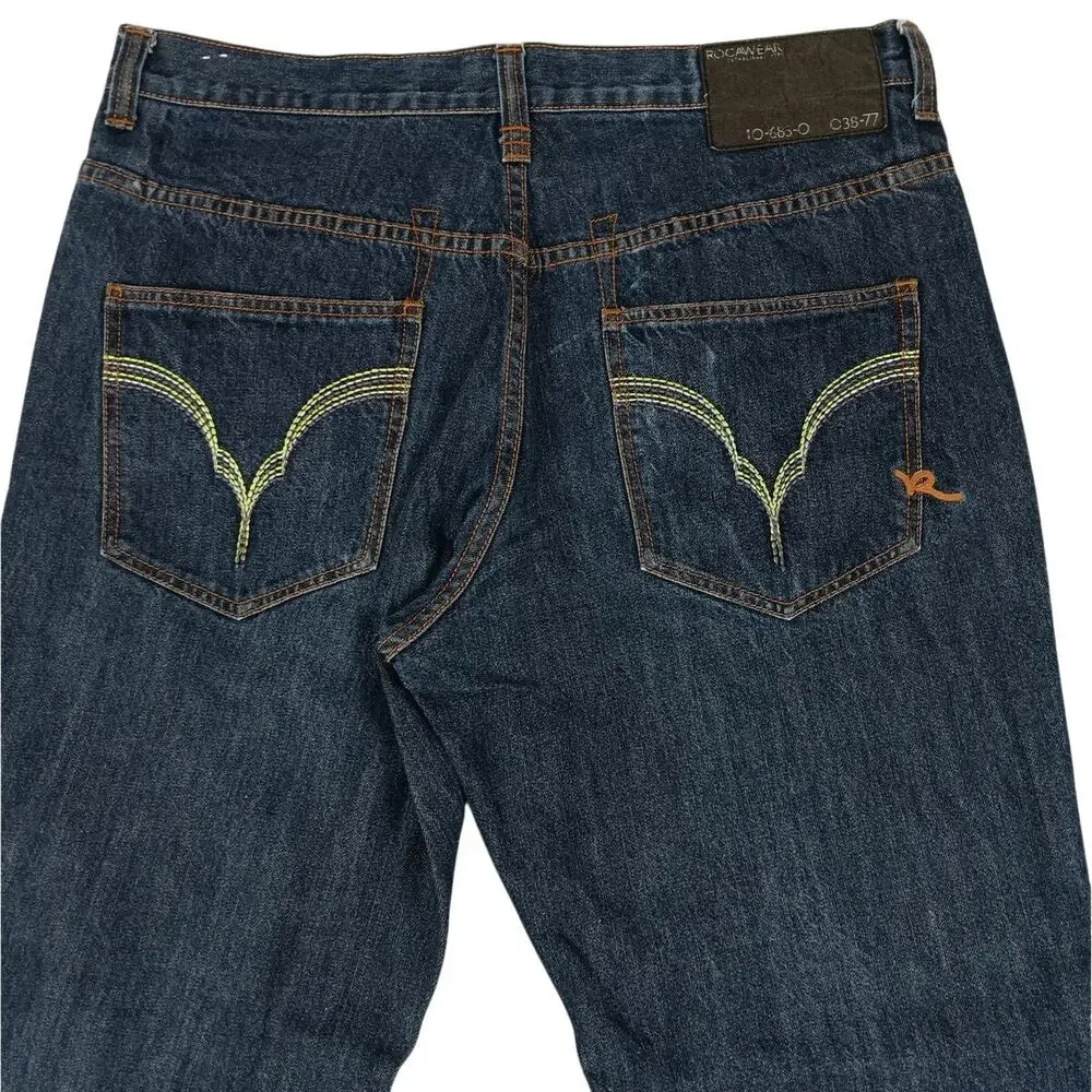 Rocawear Vintage Jeans Mens 38X32 Dark Wash Wide‎ Leg Embroidered Logo Street