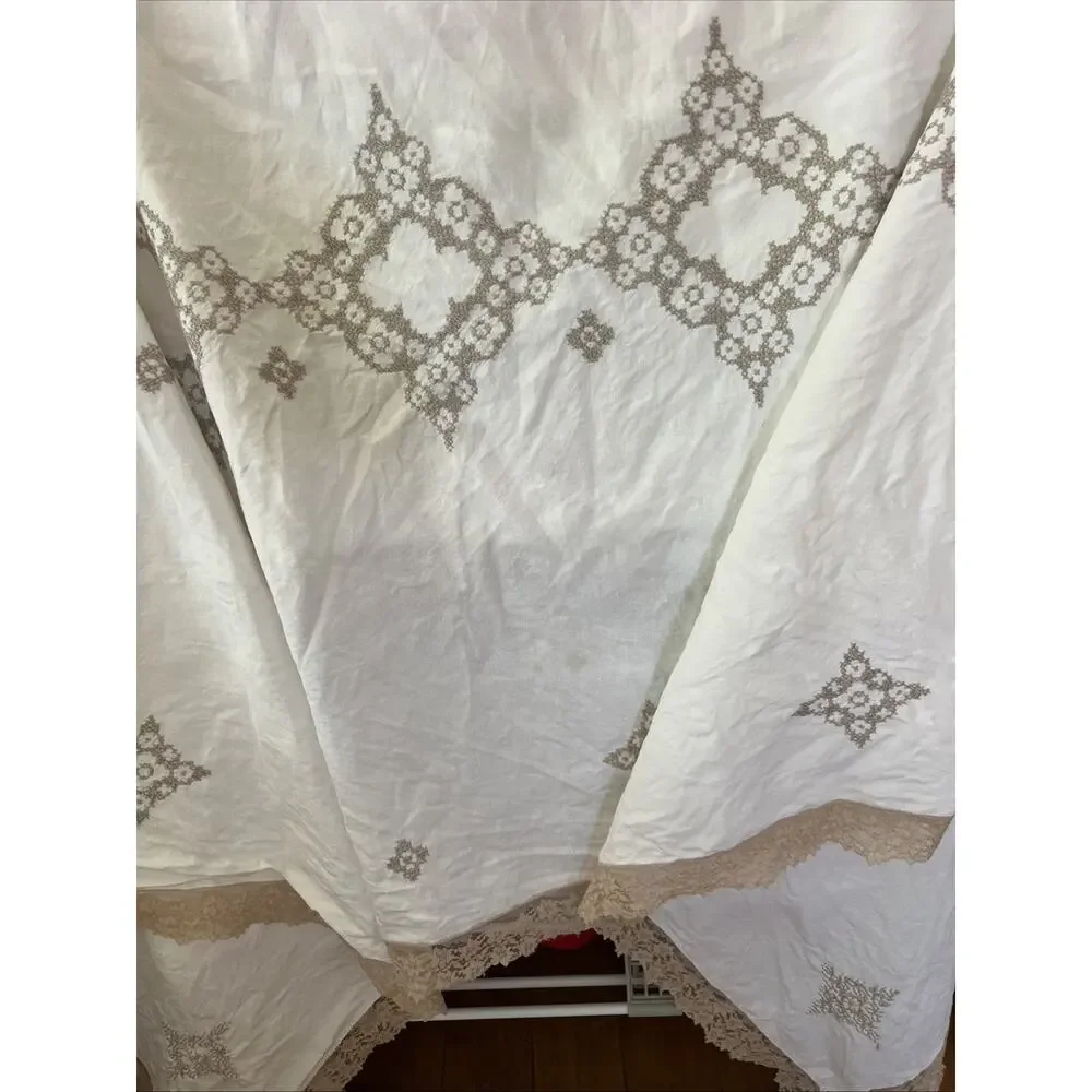 Vintage White Embroidered Cross Stitch 100% Linen Tablecloth 76x64 - Read Flawed